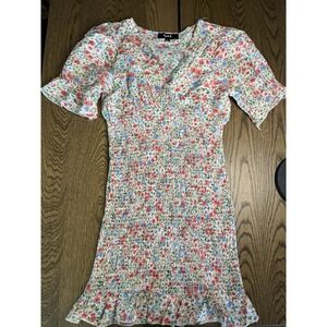 Lipslide‎ Women's Size L Floral Dress Rouched V Neck Short Sleeve Ruffle